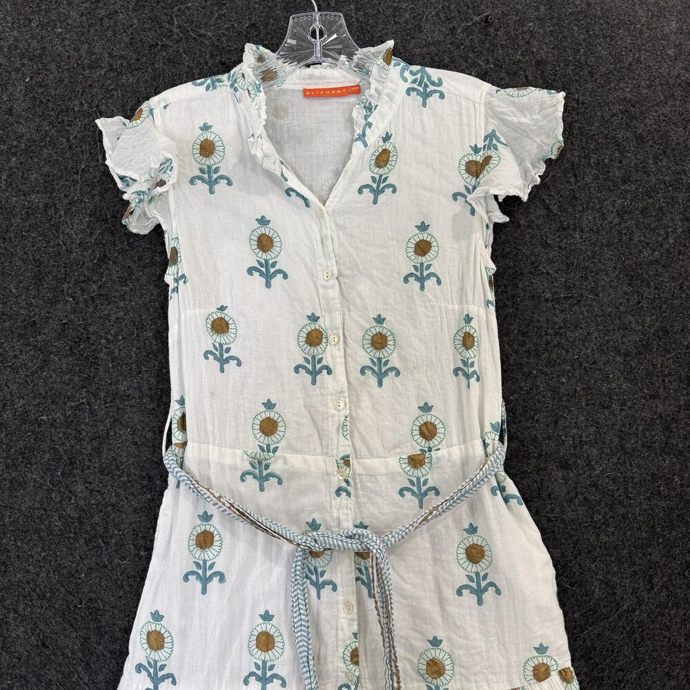 Oliphant Ruffle Collar Dress Women's XXS White Floral Belted Boho Cotton Boho - Picture 2 of 9